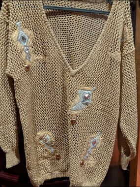 Vtg Pronto Moda Metallic Gold Western Cowboy Boot Open Weave Sweater